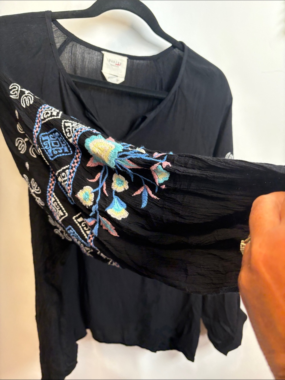 Harper Black Embroidered Peasant Tunic with Blue & White Accents - Picture 3 of 9